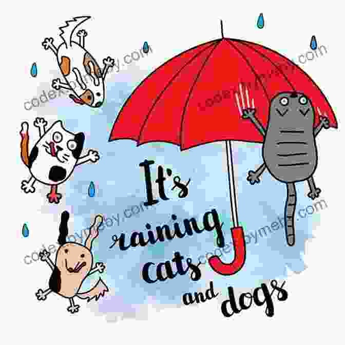 A Colorful Illustration Depicting Various English Idioms, Such As 'raining Cats And Dogs', 'kick The Bucket', And 'over The Moon.' 101 English Idioms Explained Volume 3